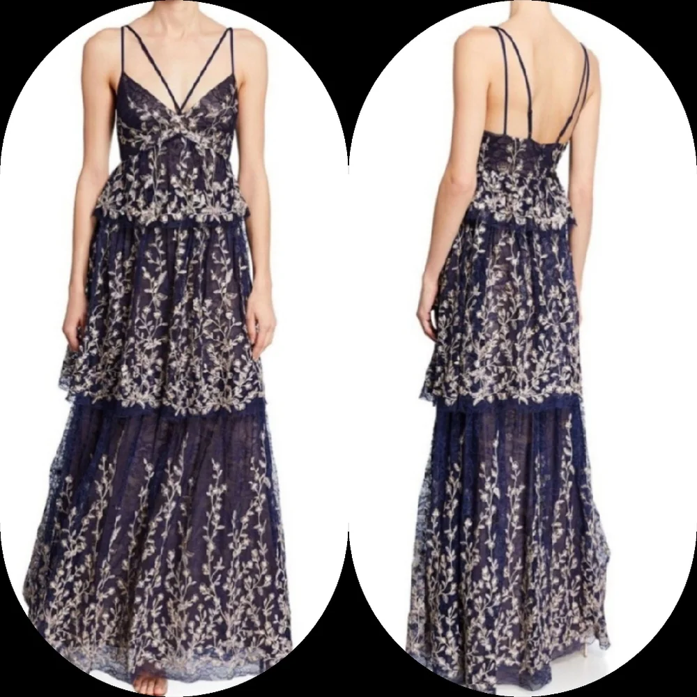 NEW BCBGMAXAZRIA TIERED EMBROIDERED MAXI PROM DRESS - Picture 2 of 13
